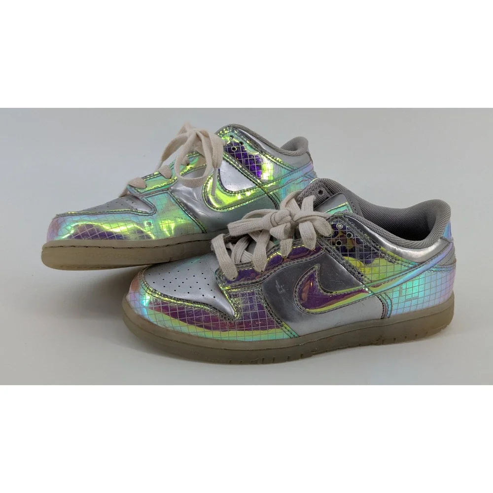 Nike Dunk Low Silver Iridescent Holographic Grid Sneakers Shoes 3Y Kids